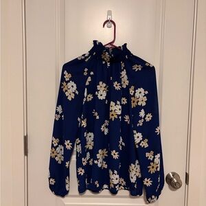 Loft Floral High Neck Ruffle Blue Floral Blouse